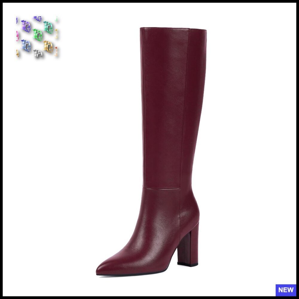 Knee High Riding Boots Chunky Heel Pointed Toe Faux Croc Leather Block Heel